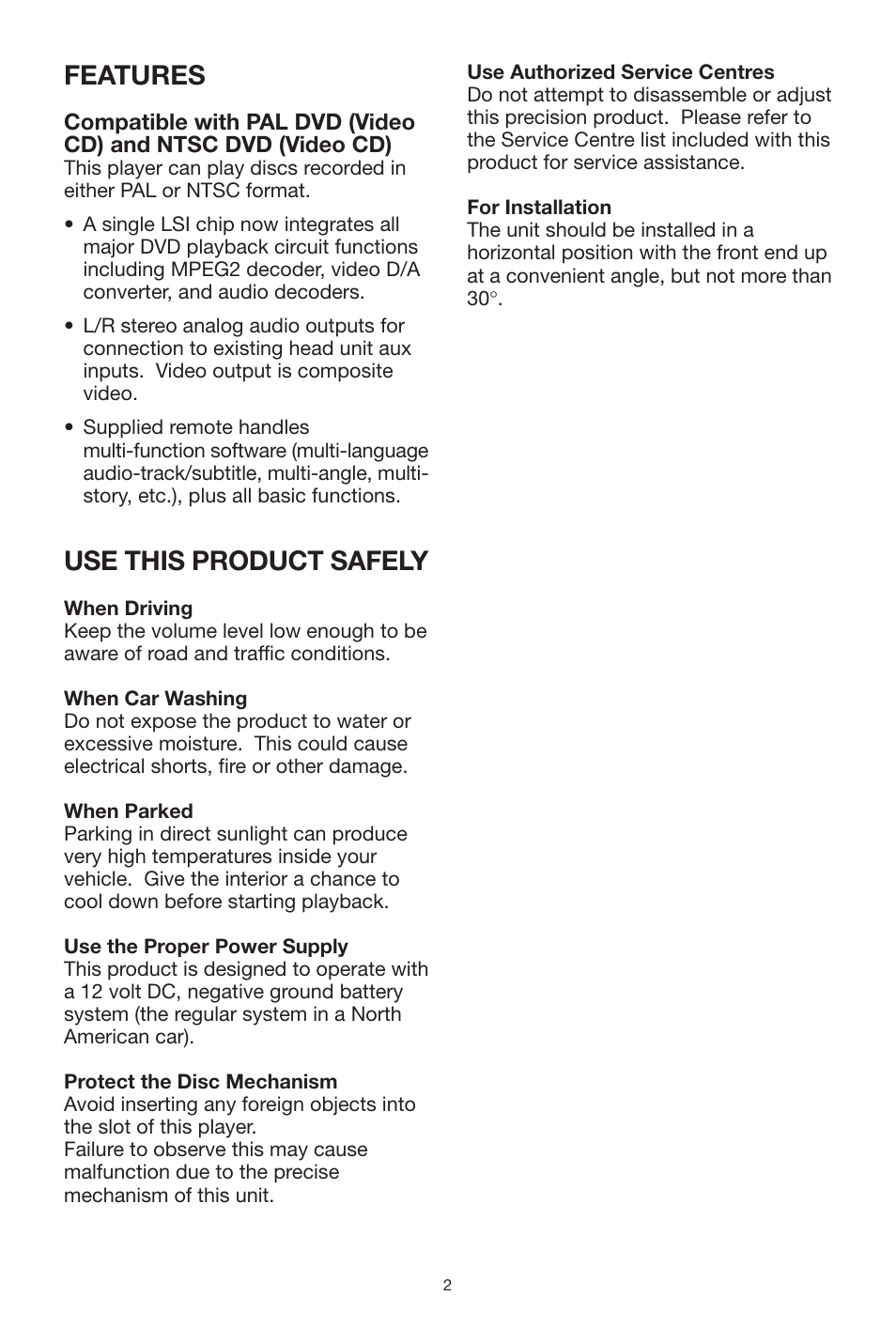 Features, Use this product safely | Audiovox MMDV2 User Manual | Page 2 / 22