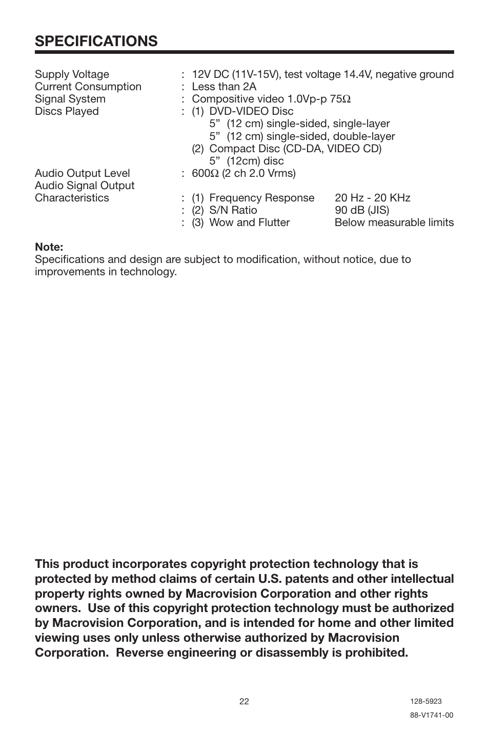 Specifications | Audiovox MMDV2 User Manual | Page 22 / 22