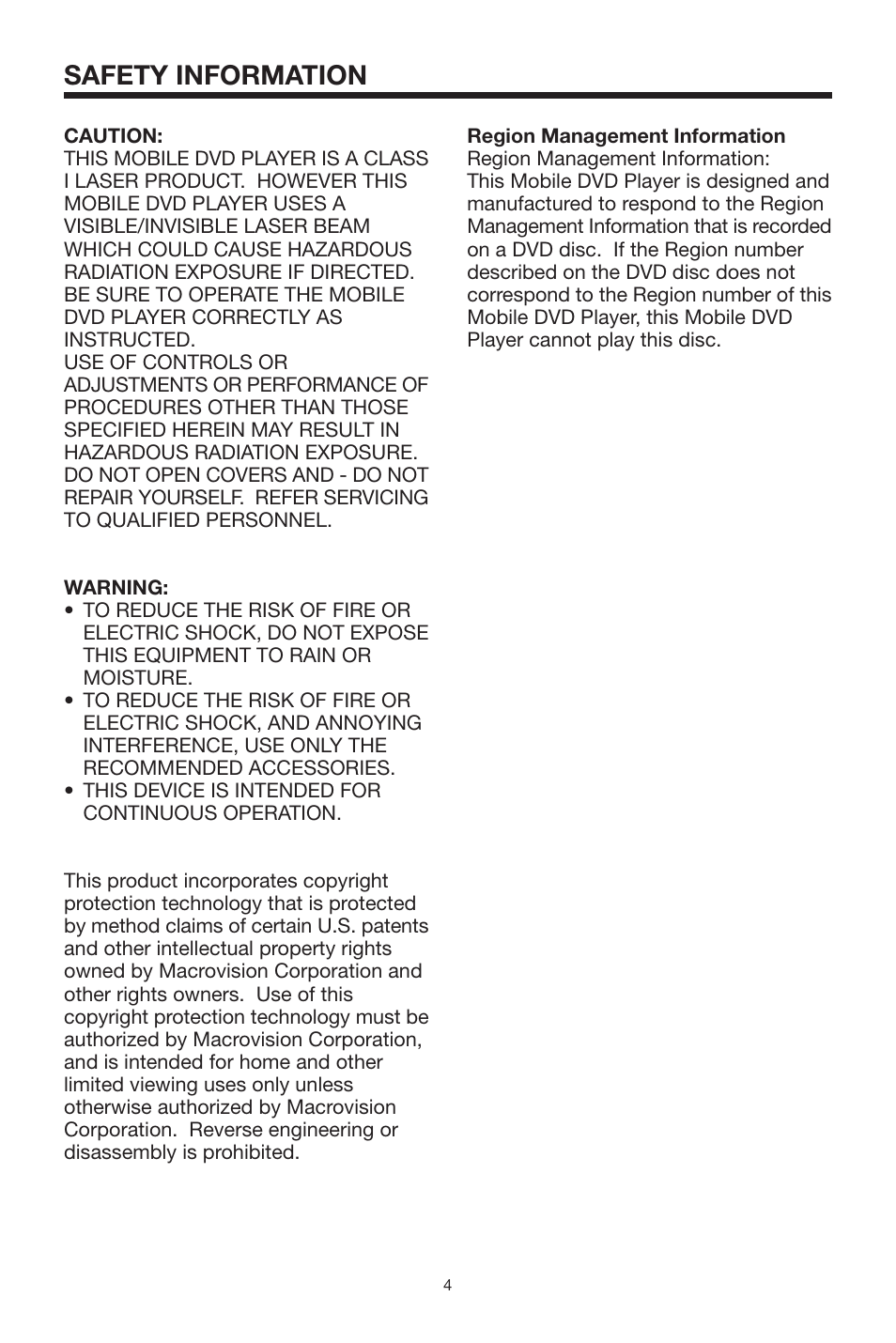 Safety information | Audiovox MMDV2 User Manual | Page 4 / 22