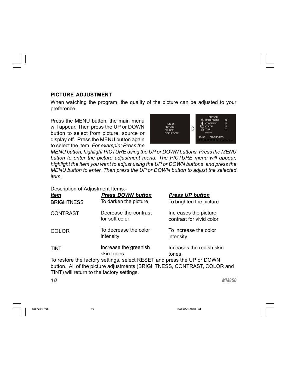 Brightness contrast color tint | Audiovox MM850 User Manual | Page 10 / 16