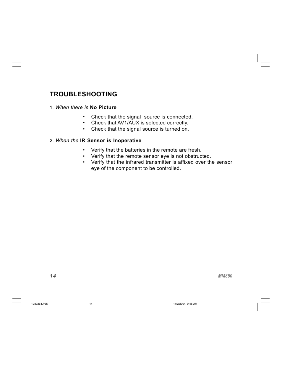 Troubleshooting | Audiovox MM850 User Manual | Page 14 / 16