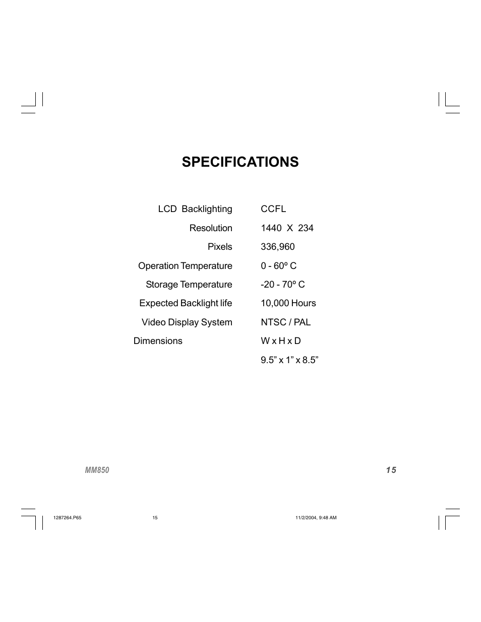 Specifications | Audiovox MM850 User Manual | Page 15 / 16