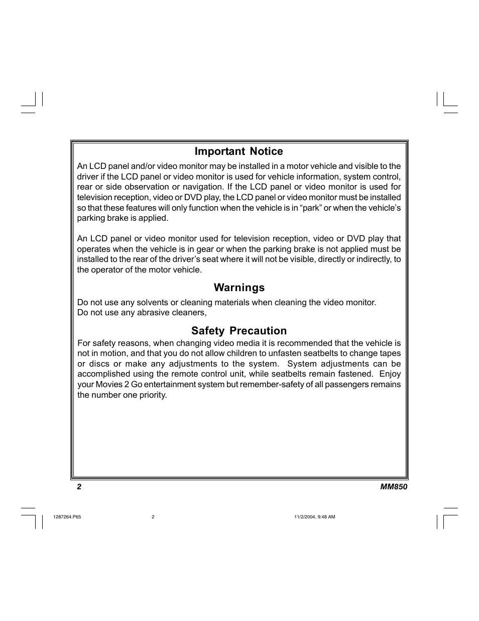 Important notice, Warnings, Safety precaution | Audiovox MM850 User Manual | Page 2 / 16