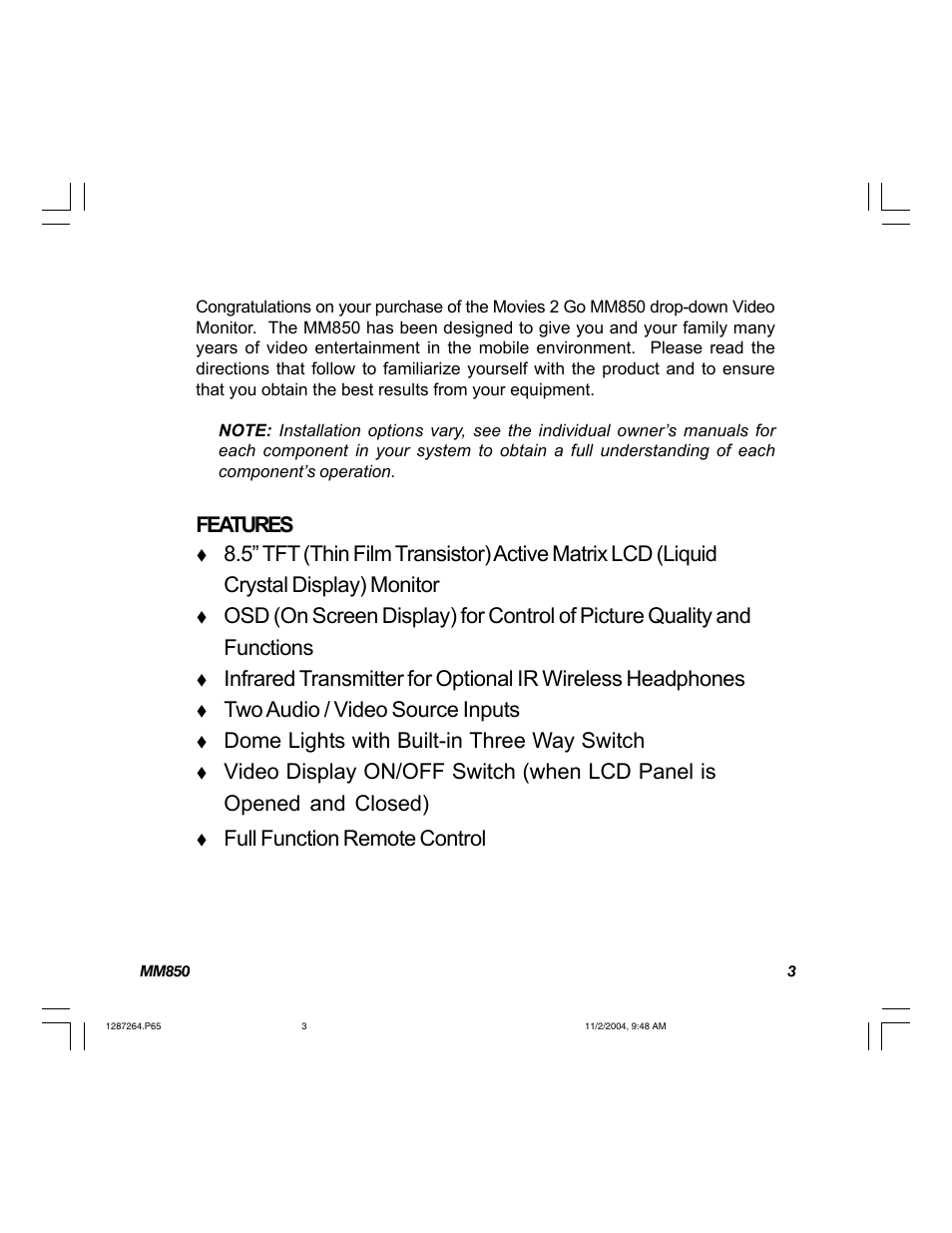 Features, Two audio / video source inputs, Dome lights with built-in three way switch | Full function remote control | Audiovox MM850 User Manual | Page 3 / 16