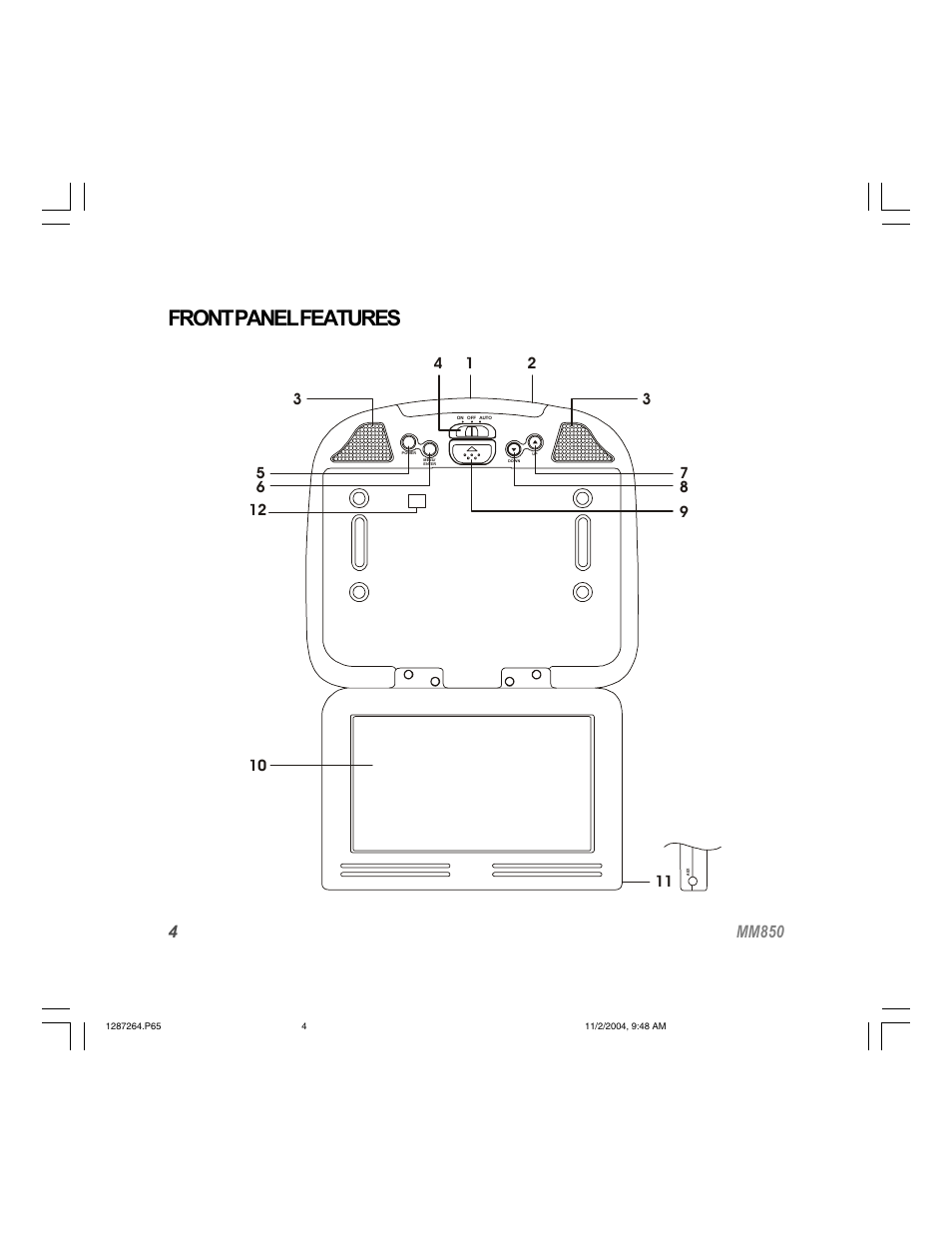 Front panel features, 4mm850 | Audiovox MM850 User Manual | Page 4 / 16