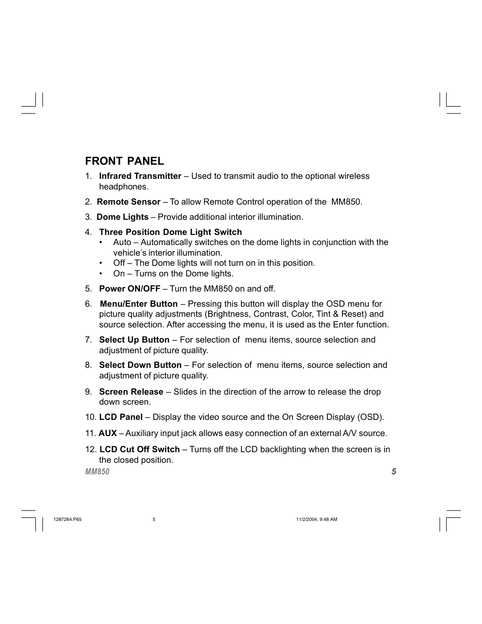 Front panel | Audiovox MM850 User Manual | Page 5 / 16