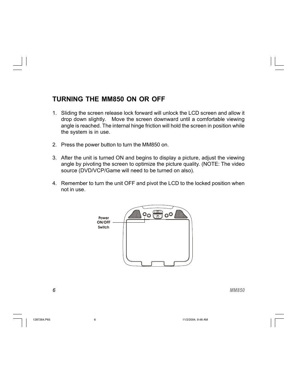 Turning the mm850 on or off | Audiovox MM850 User Manual | Page 6 / 16