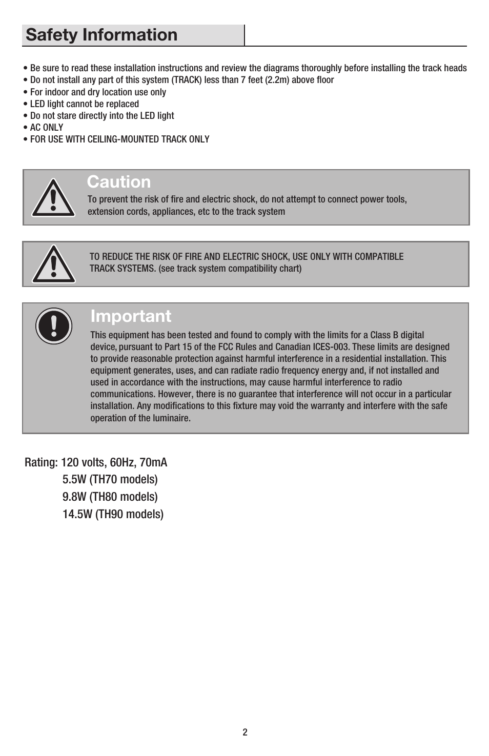 Safety information, Caution, Important | AFX TH7030030LBK User Manual | Page 2 / 8