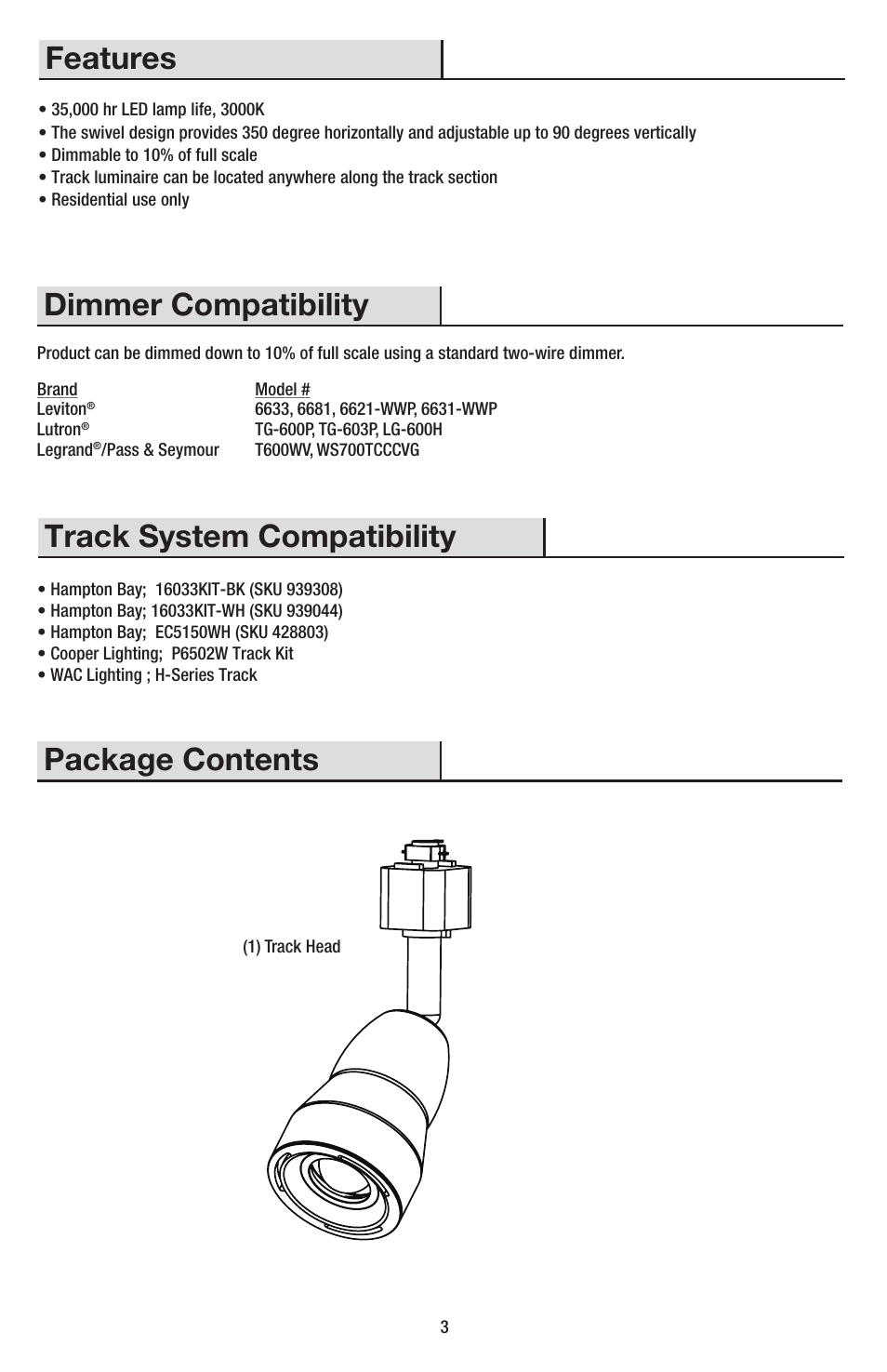 Features, Dimmer compatibility, Track system compatibility | Package contents | AFX TH7030030LBK User Manual | Page 3 / 8