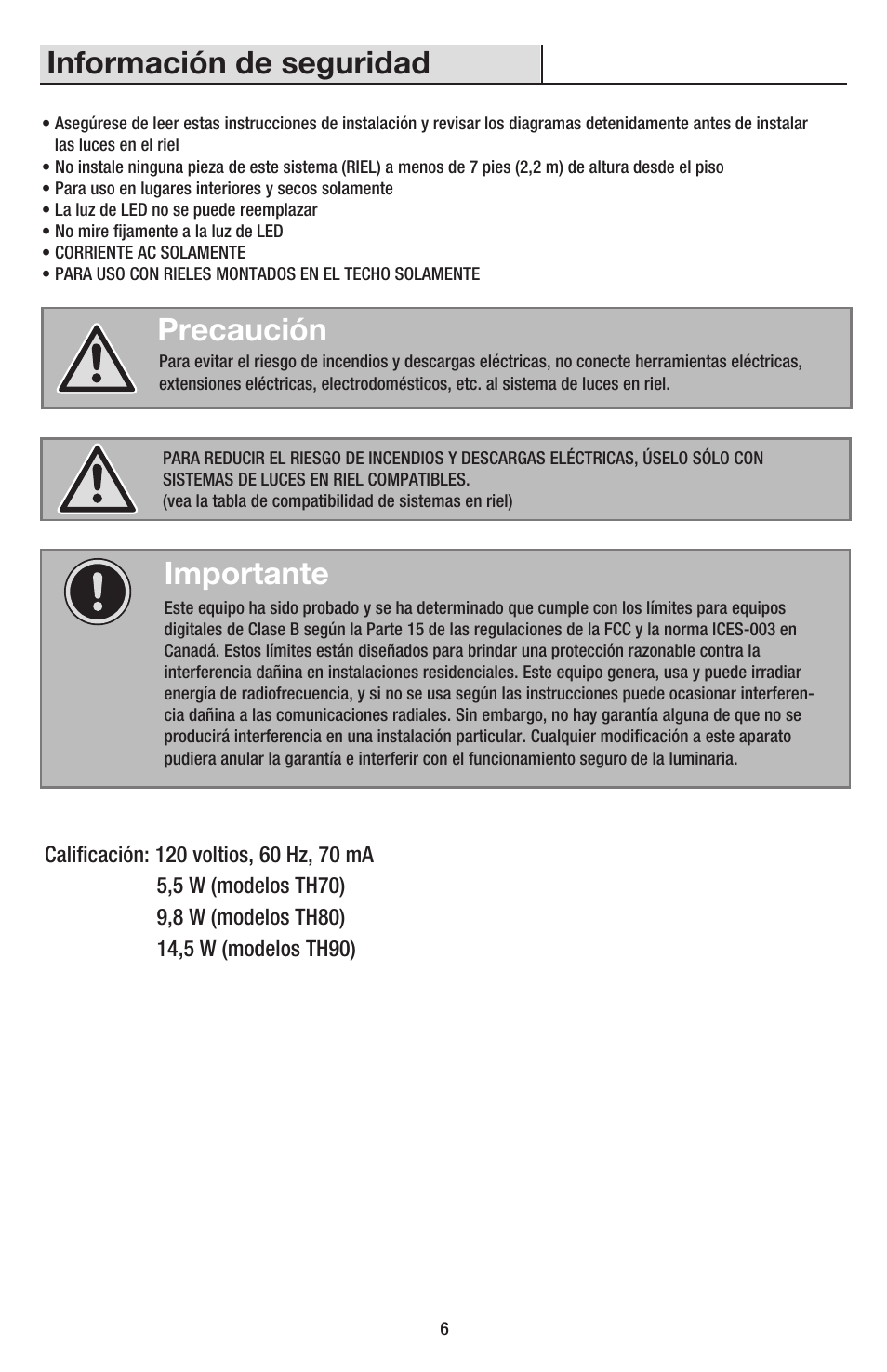 Información de seguridad, Precaución, Importante | AFX TH7030030LBK User Manual | Page 6 / 8