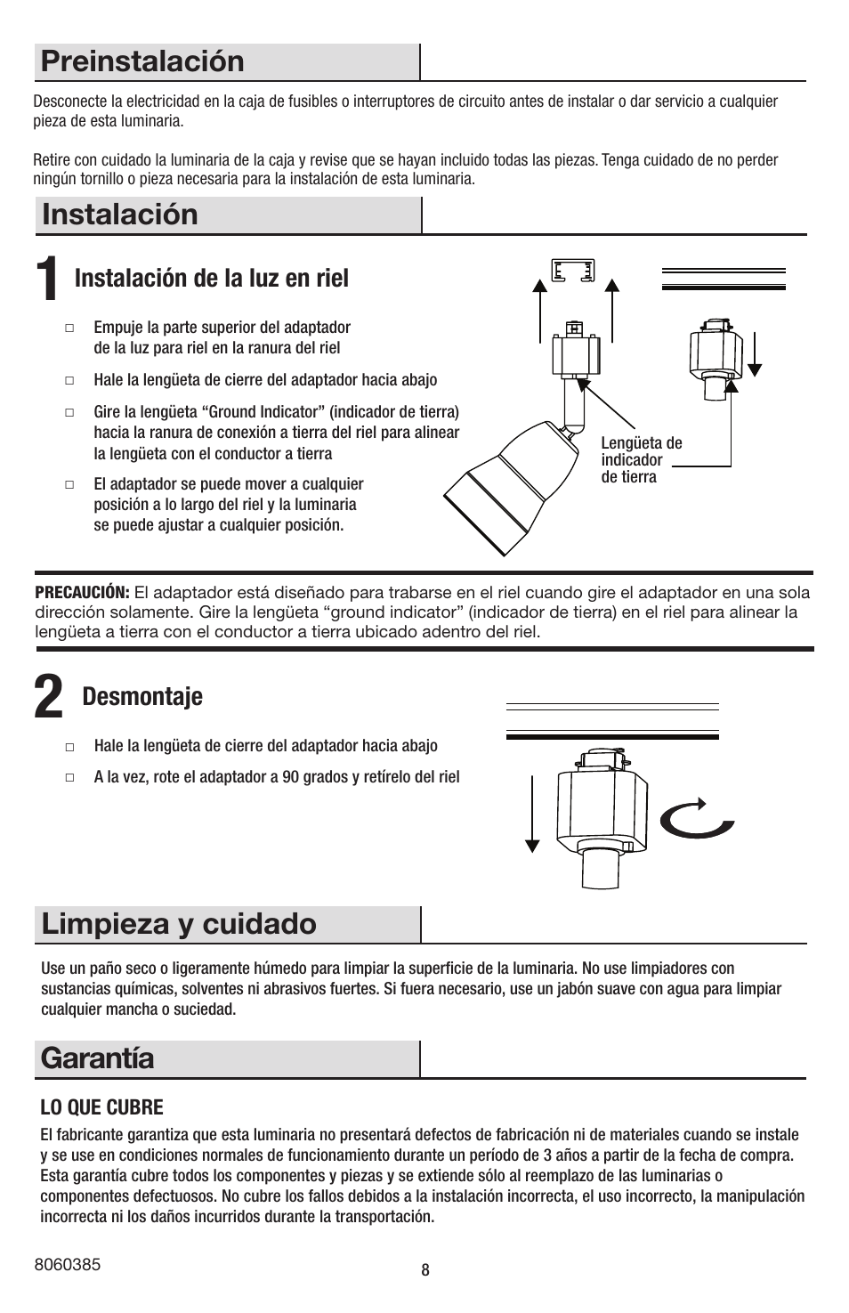 Limpieza y cuidado, Garantía, Instalación | Preinstalación | AFX TH7030030LBK User Manual | Page 8 / 8