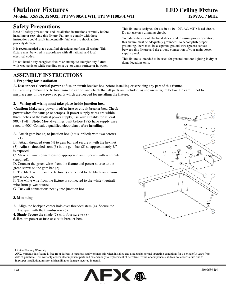 AFX TPFW70050LWH User Manual | 1 page