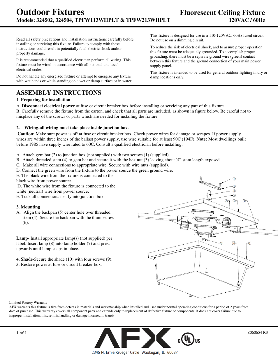 AFX TPFW113WHPLT User Manual | 1 page