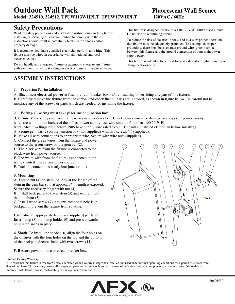 AFX TPUW113WHPLT User Manual | 1 page