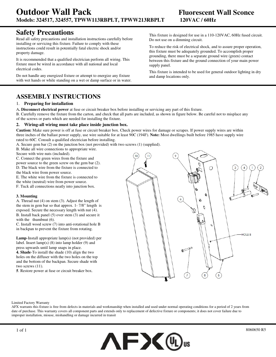 AFX TPWW113WHPLT User Manual | 1 page