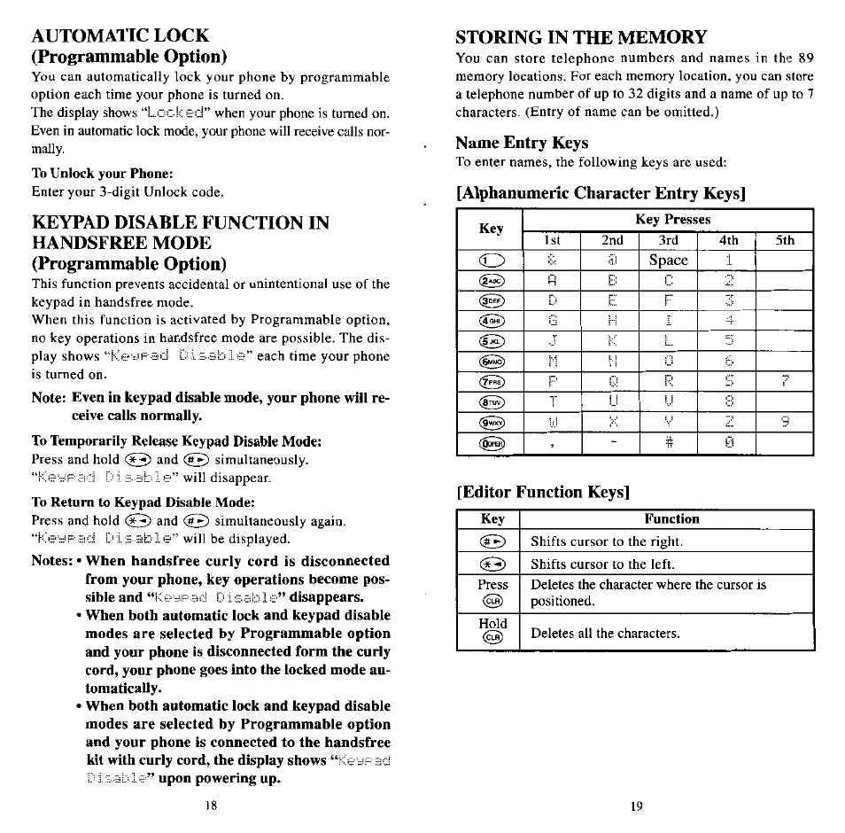 Alphanumeric character entry keys, Editor function keys, Automatic lock (programmable option) | Name entry keys | Audiovox MVX507 User Manual | Page 11 / 29