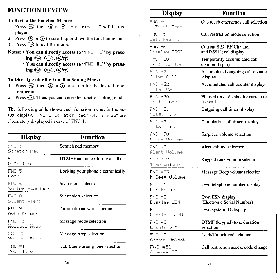 Function review, Display function | Audiovox MVX507 User Manual | Page 20 / 29