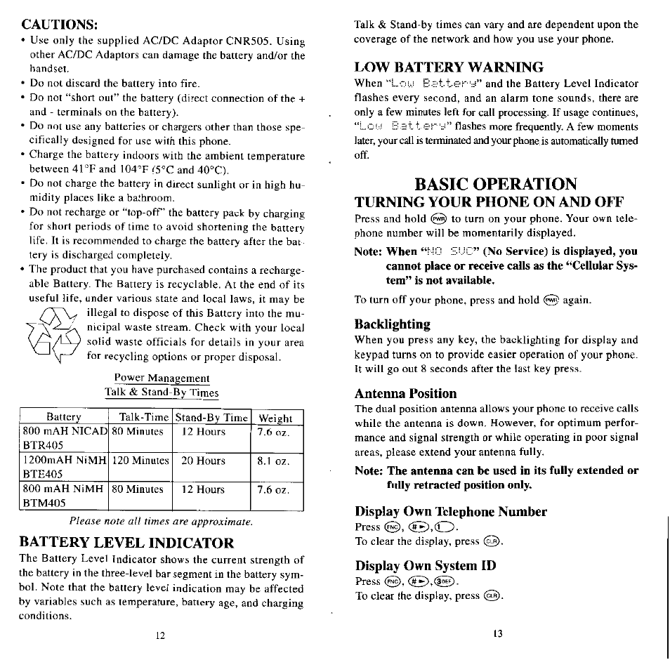 Cautions, Basic operation, Backlighting | Antenna position, Display own telephone number, Display own system id | Audiovox MVX507 User Manual | Page 8 / 29