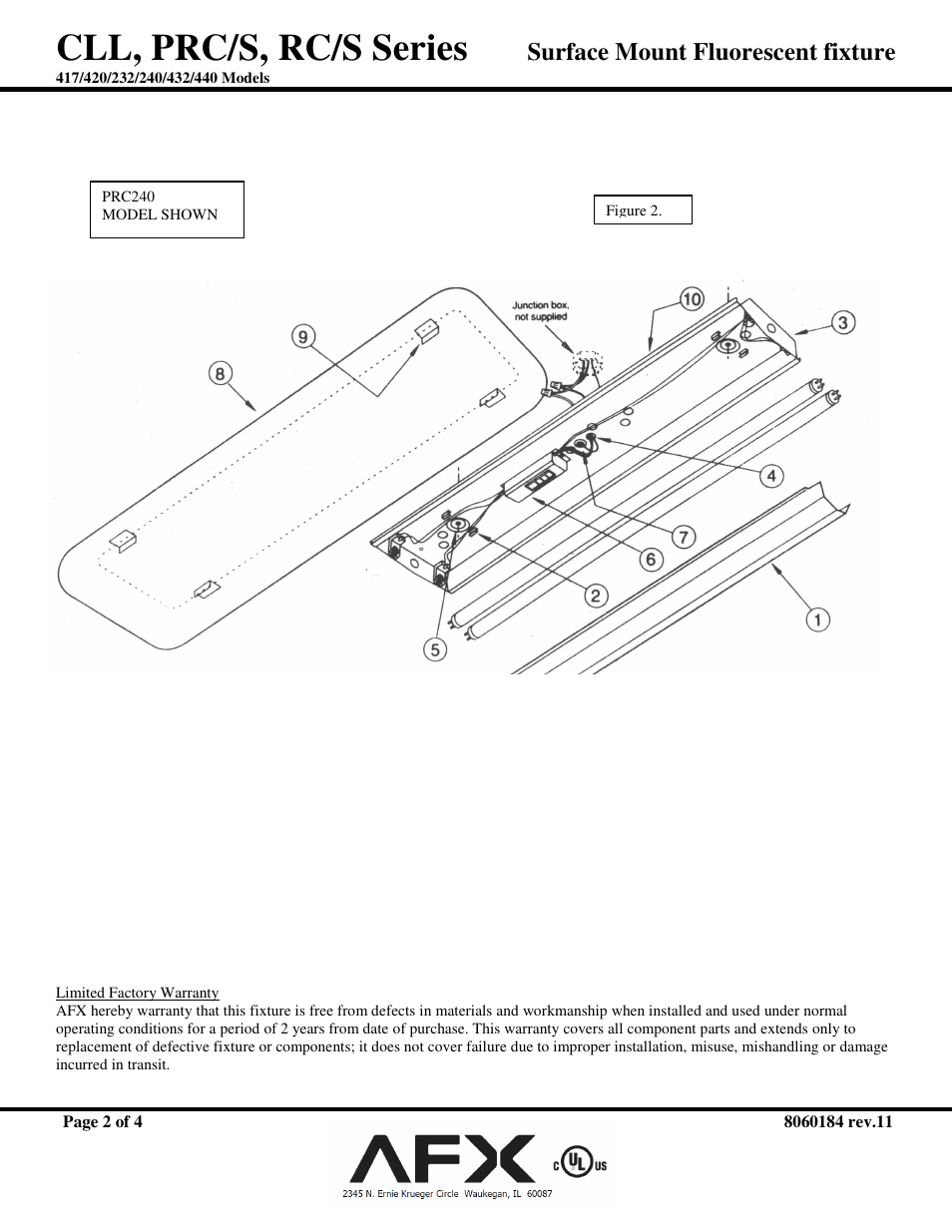 Cll, prc/s, rc/s series, Surface mount fluorescent fixture | AFX RC232R8 User Manual | Page 2 / 4