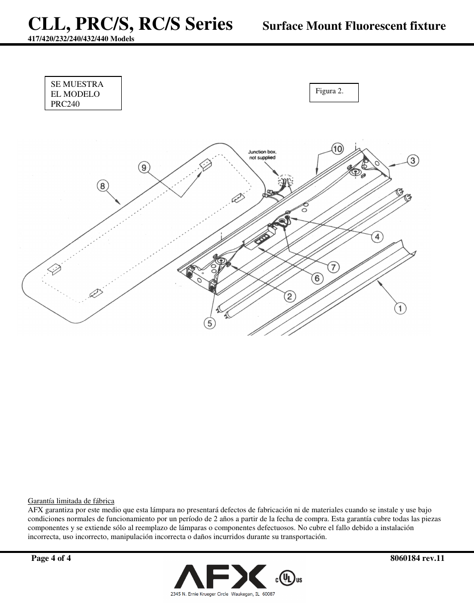 Cll, prc/s, rc/s series, Surface mount fluorescent fixture | AFX RC232R8 User Manual | Page 4 / 4