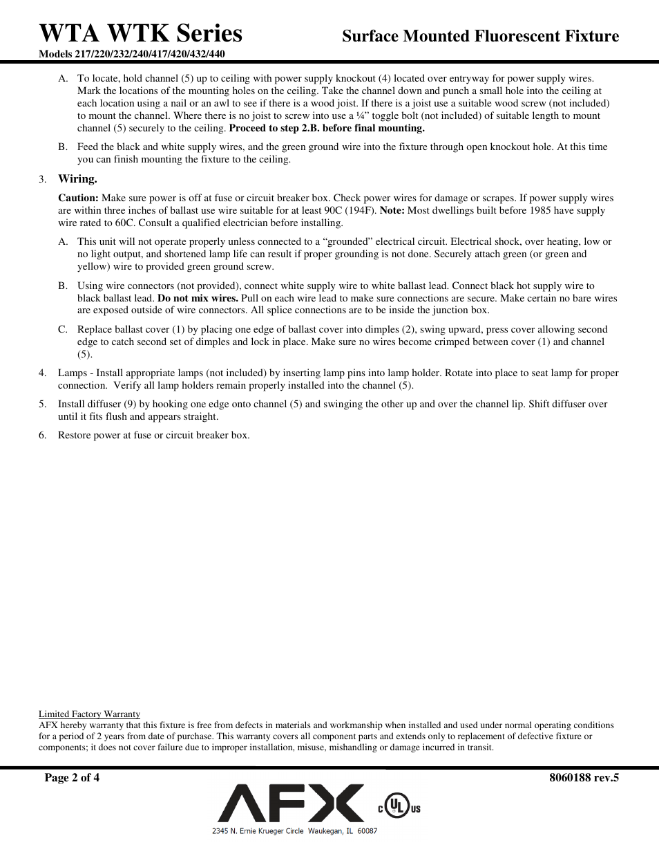 Wta wtk series, Surface mounted fluorescent fixture | AFX WTA232AMV User Manual | Page 2 / 4