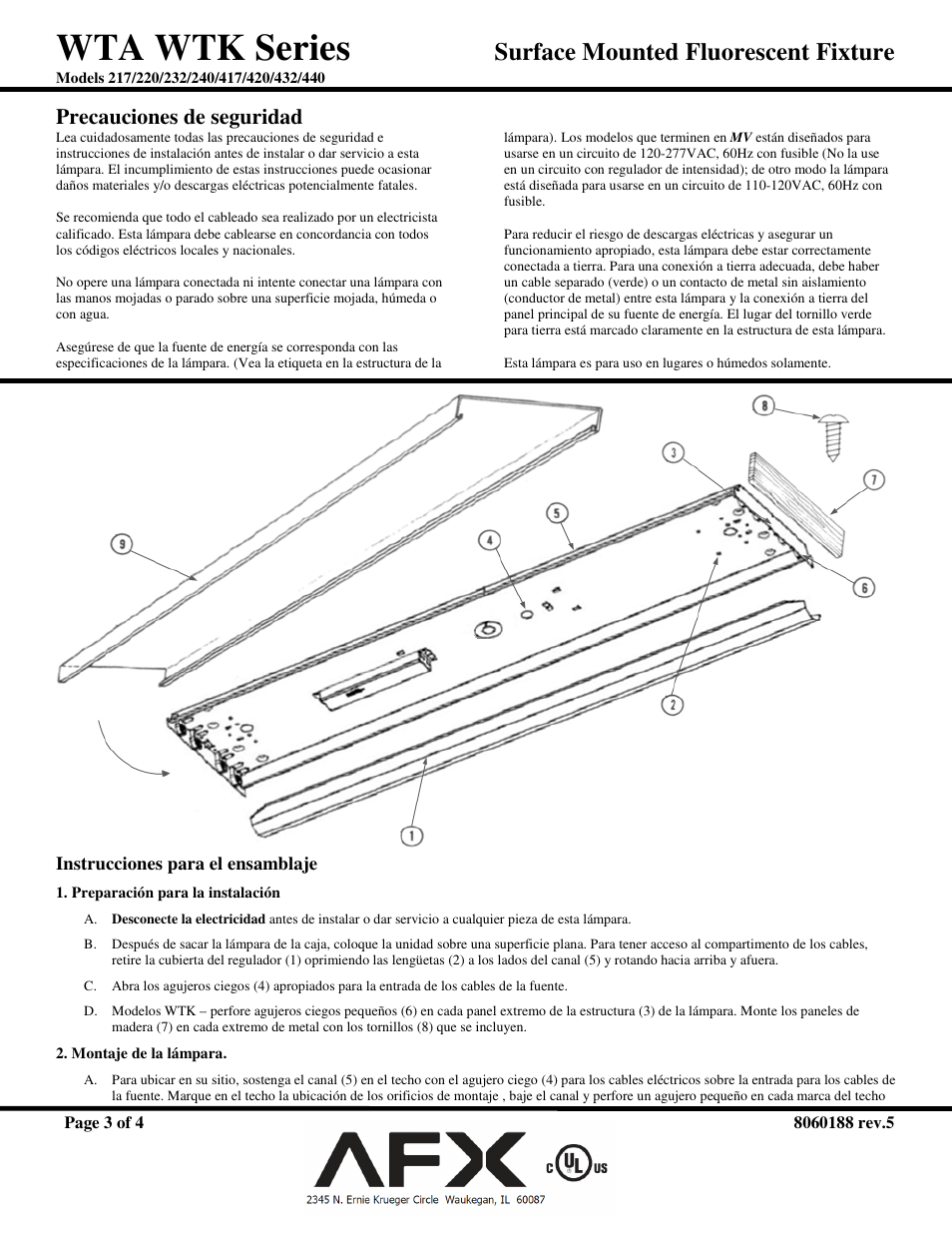 Wta wtk series, Surface mounted fluorescent fixture, Precauciones de seguridad | AFX WTA232AMV User Manual | Page 3 / 4