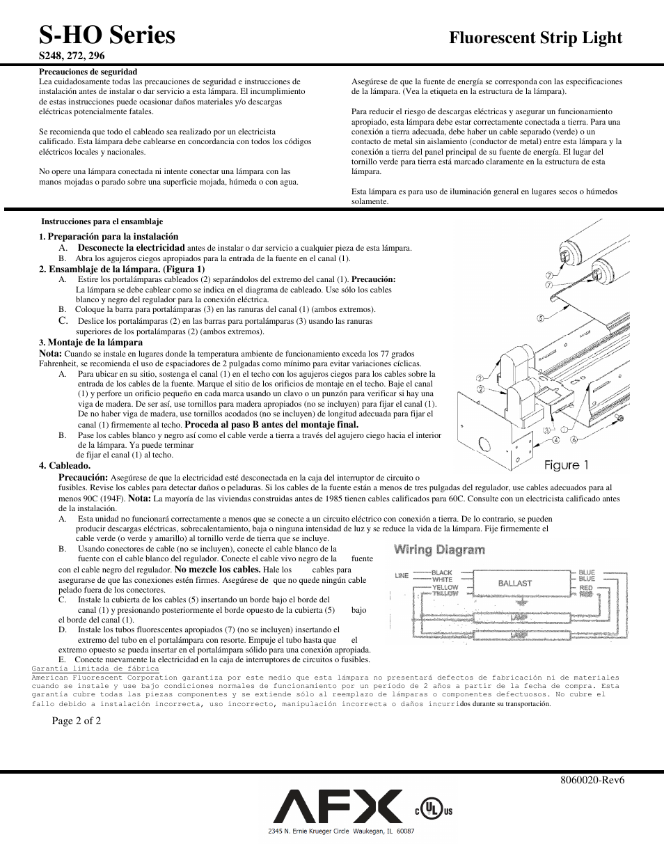 S-ho series, Fluorescent strip light | AFX S248HOE12 User Manual | Page 2 / 2