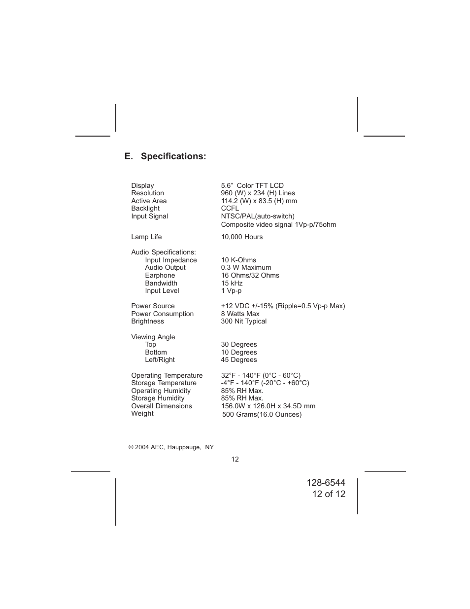 Audiovox MM56A User Manual | Page 12 / 12