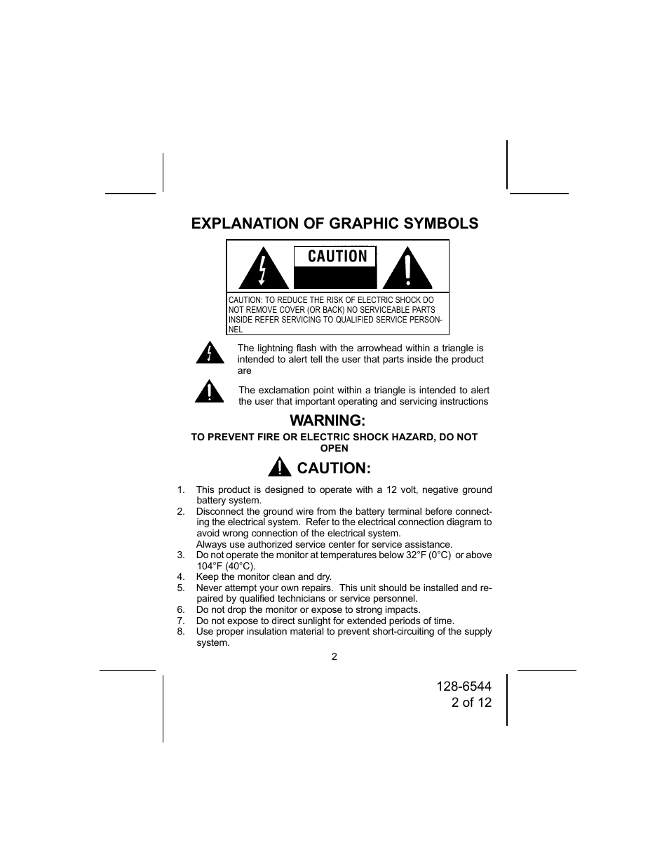 Explanation of graphic symbols warning, Caution | Audiovox MM56A User Manual | Page 2 / 12