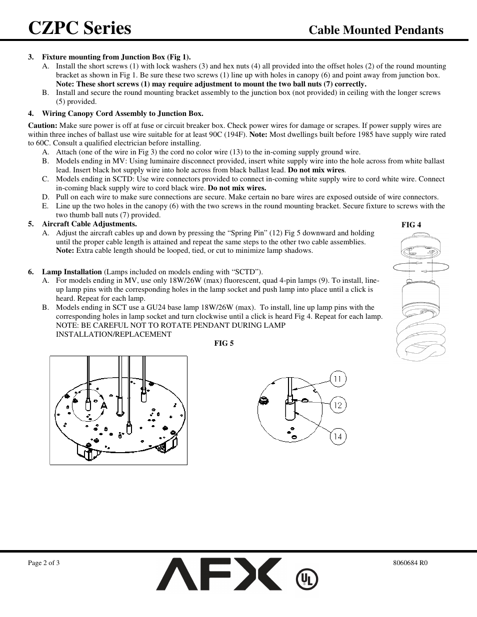 Czpc series, Cable mounted pendants | AFX CZPC425KBSCTD-WHWH User Manual | Page 2 / 3