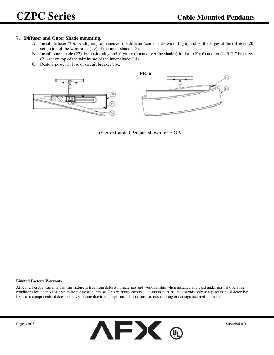 Czpc series, Cable mounted pendants | AFX CZPC425KBSCTD-WHWH User Manual | Page 3 / 3