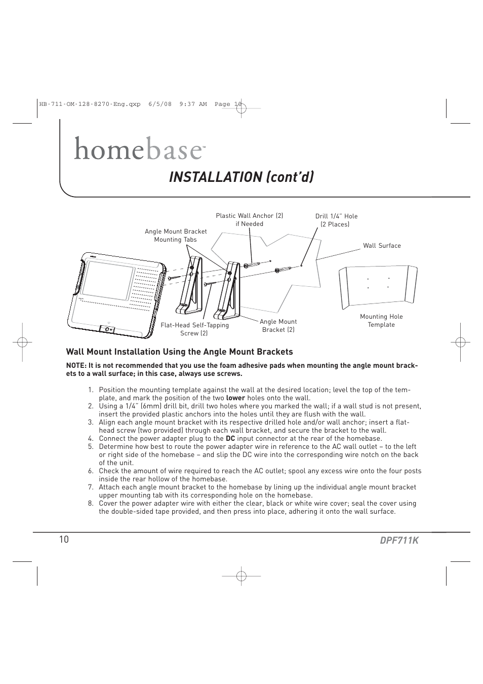 Installation (cont’d), Dpf711k | Audiovox HOME BASE DPF711K User Manual | Page 10 / 44