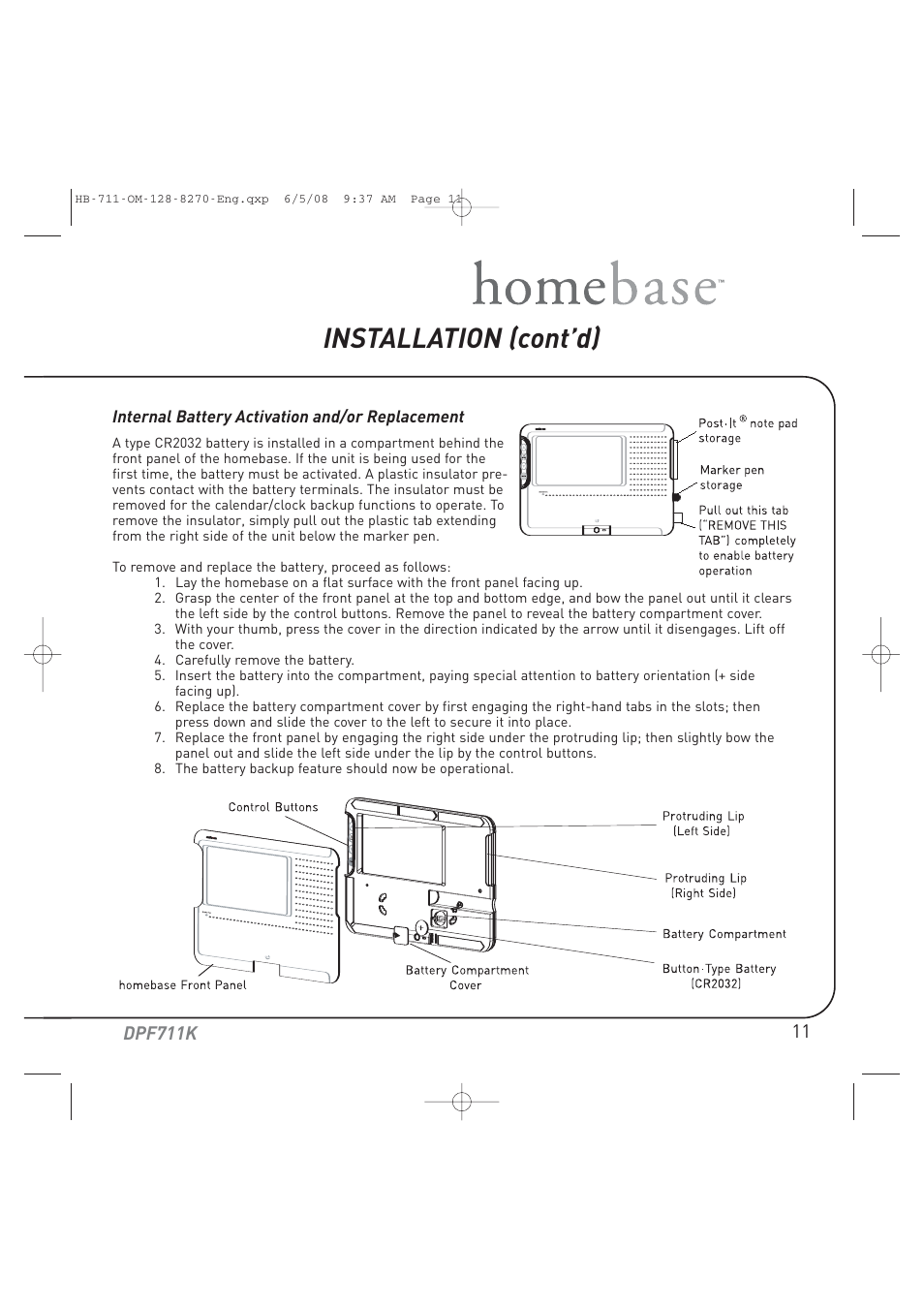 Installation (cont’d), Dpf711k | Audiovox HOME BASE DPF711K User Manual | Page 11 / 44