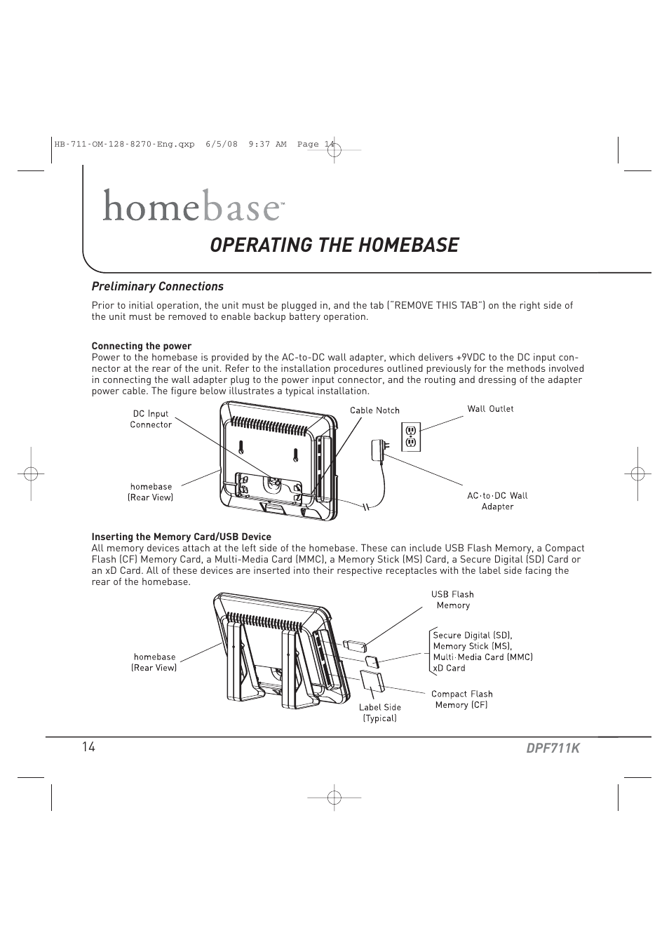 Operating the homebase | Audiovox HOME BASE DPF711K User Manual | Page 14 / 44