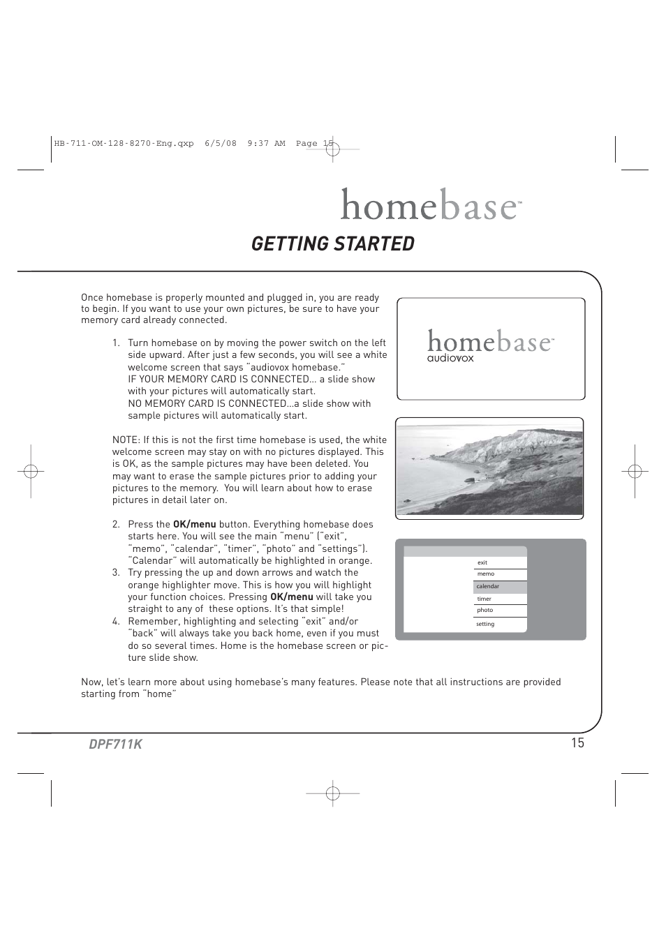 Getting started, Dpf711k | Audiovox HOME BASE DPF711K User Manual | Page 15 / 44