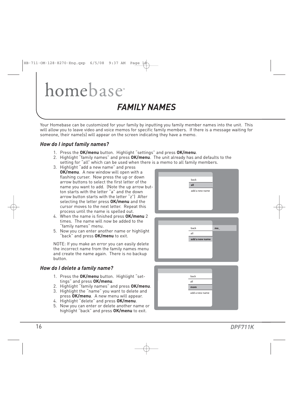 Family names, Dpf711k, How do i input family names | How do i delete a family name | Audiovox HOME BASE DPF711K User Manual | Page 16 / 44