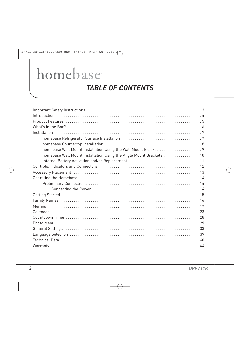 Audiovox HOME BASE DPF711K User Manual | Page 2 / 44