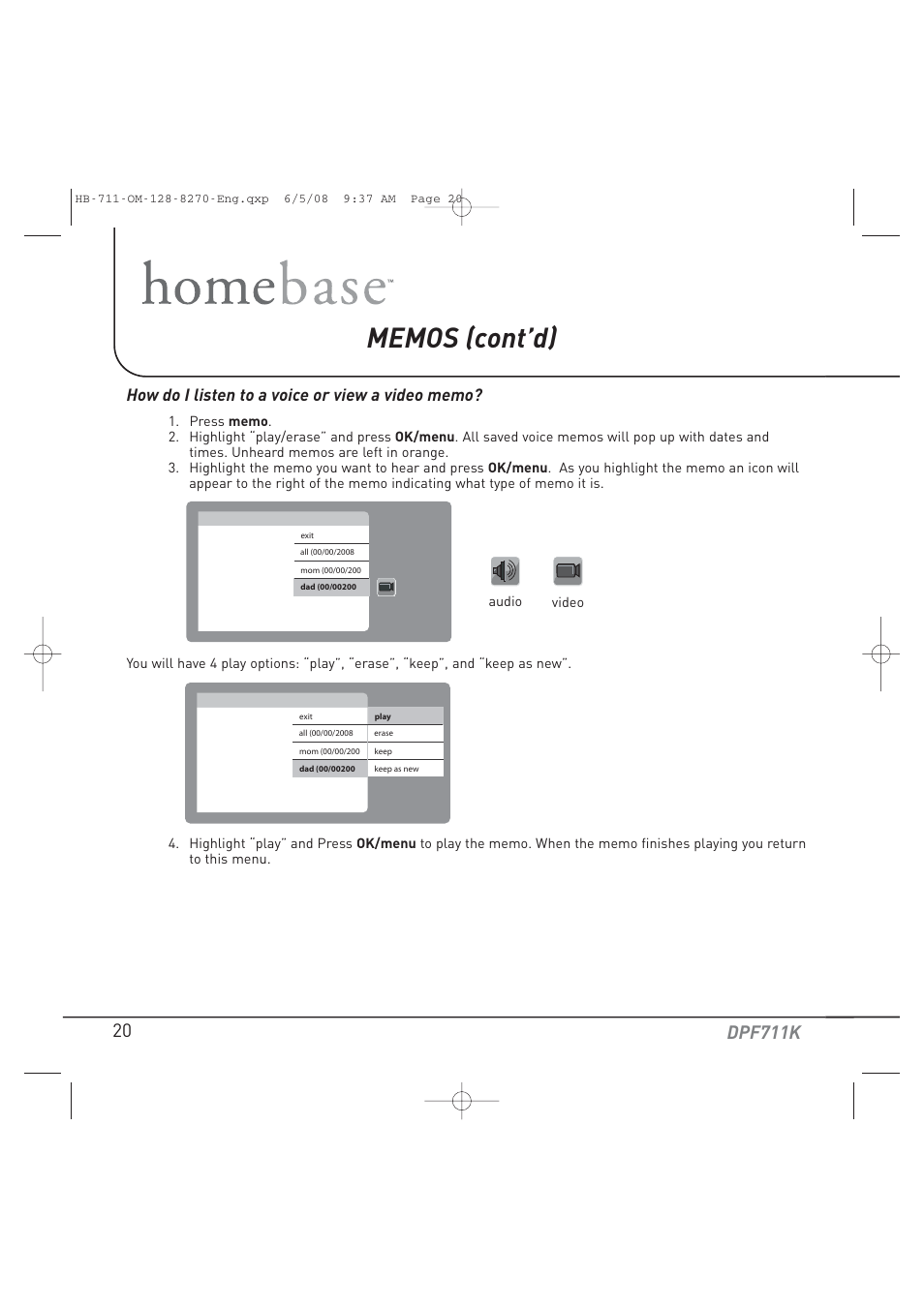 Dpf711k | Audiovox HOME BASE DPF711K User Manual | Page 20 / 44