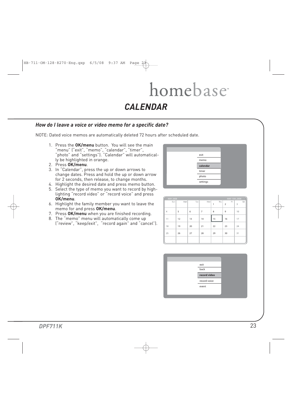 Calendar, Dpf711k | Audiovox HOME BASE DPF711K User Manual | Page 23 / 44
