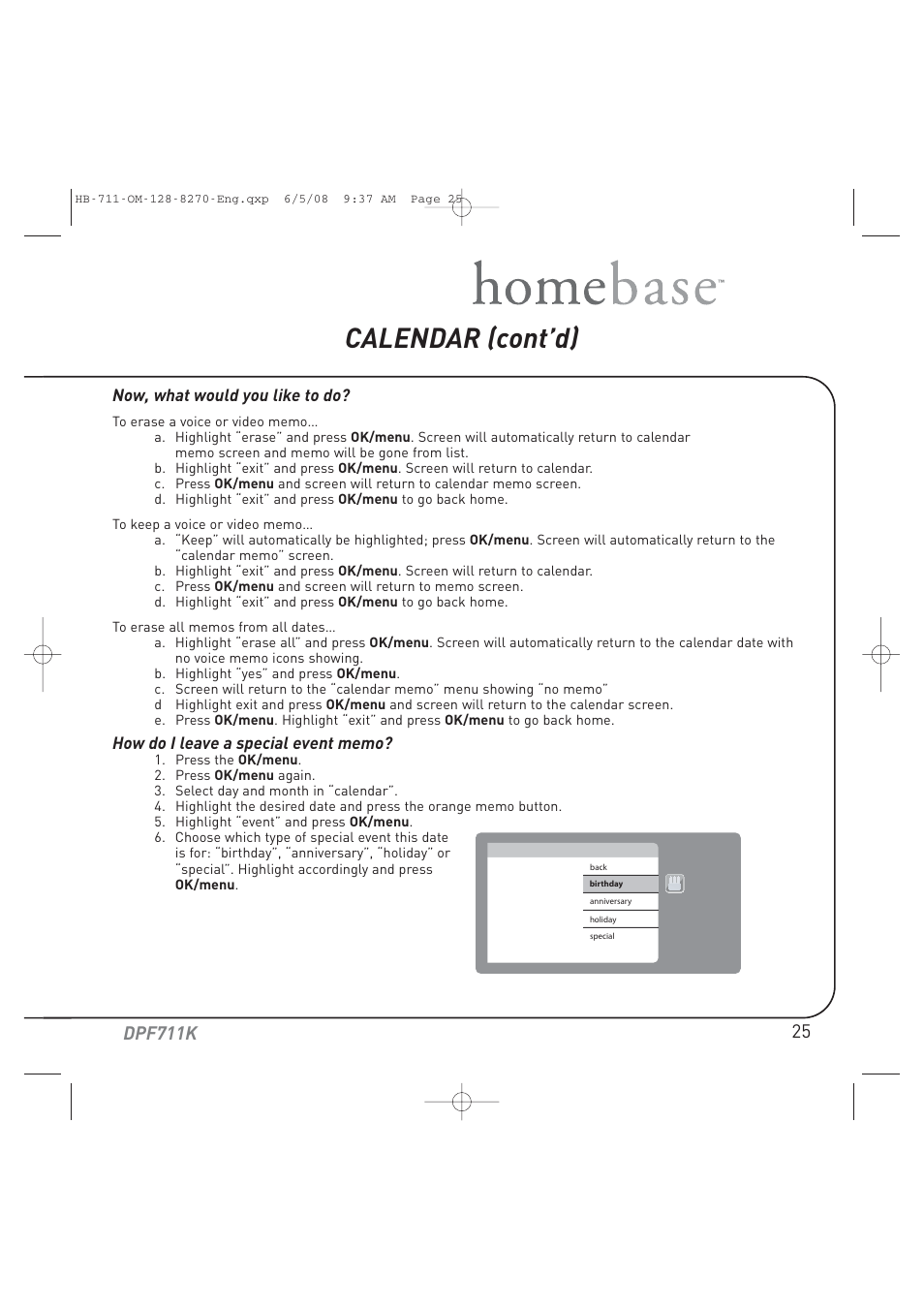Calendar (cont’d), Dpf711k | Audiovox HOME BASE DPF711K User Manual | Page 25 / 44