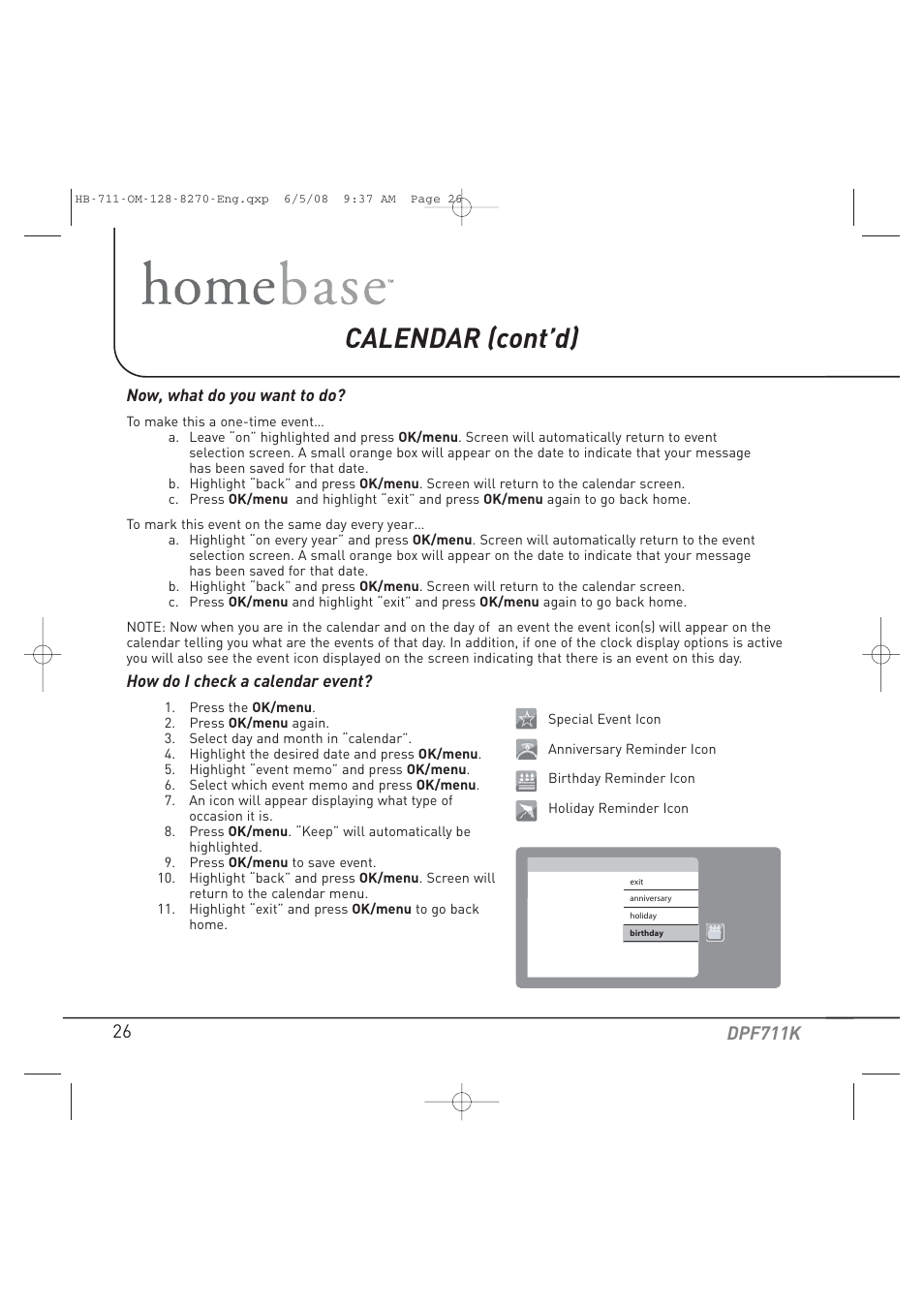 Calendar (cont’d), Dpf711k | Audiovox HOME BASE DPF711K User Manual | Page 26 / 44