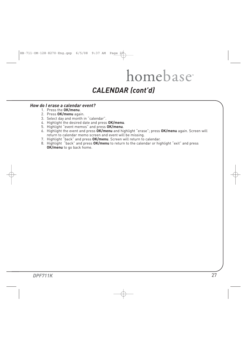 Calendar (cont’d) | Audiovox HOME BASE DPF711K User Manual | Page 27 / 44