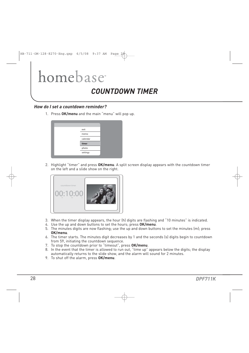 Countdown timer, Dpf711k, How do i set a countdown reminder | Audiovox HOME BASE DPF711K User Manual | Page 28 / 44