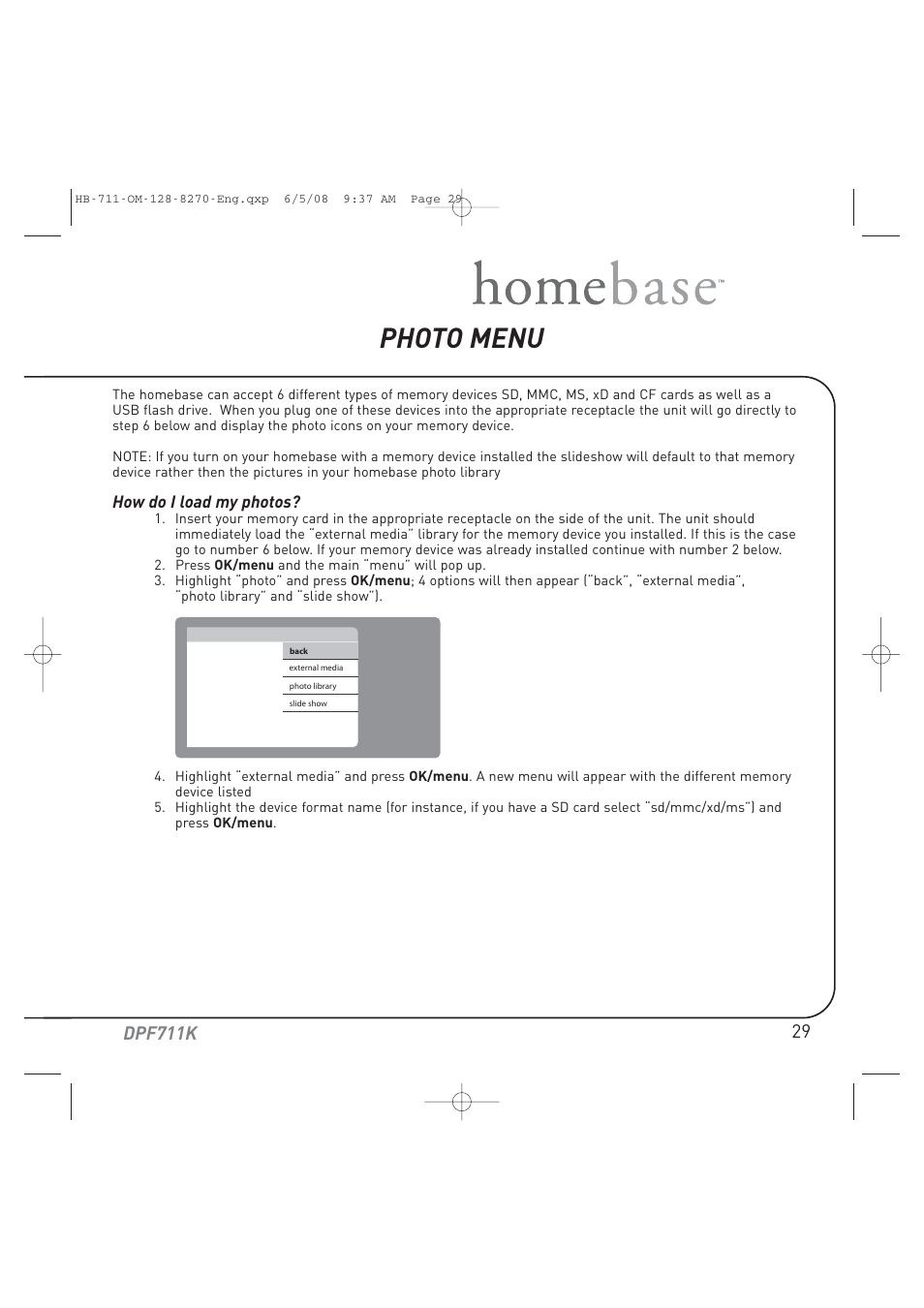 Photo menu, Dpf711k | Audiovox HOME BASE DPF711K User Manual | Page 29 / 44