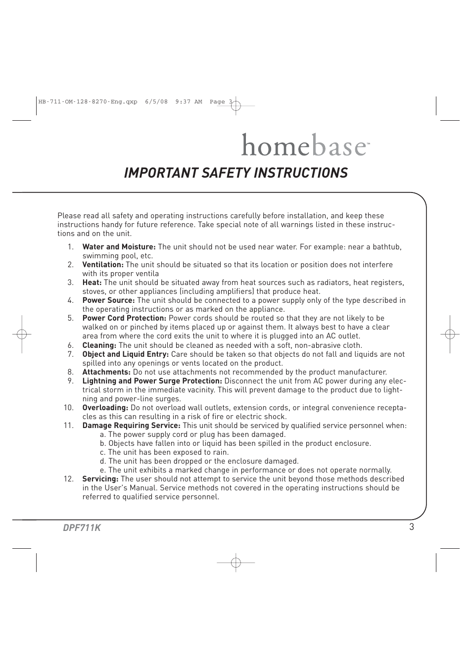 Important safety instructions | Audiovox HOME BASE DPF711K User Manual | Page 3 / 44