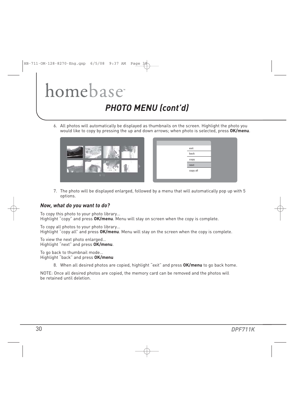 Photo menu (cont’d), Dpf711k | Audiovox HOME BASE DPF711K User Manual | Page 30 / 44