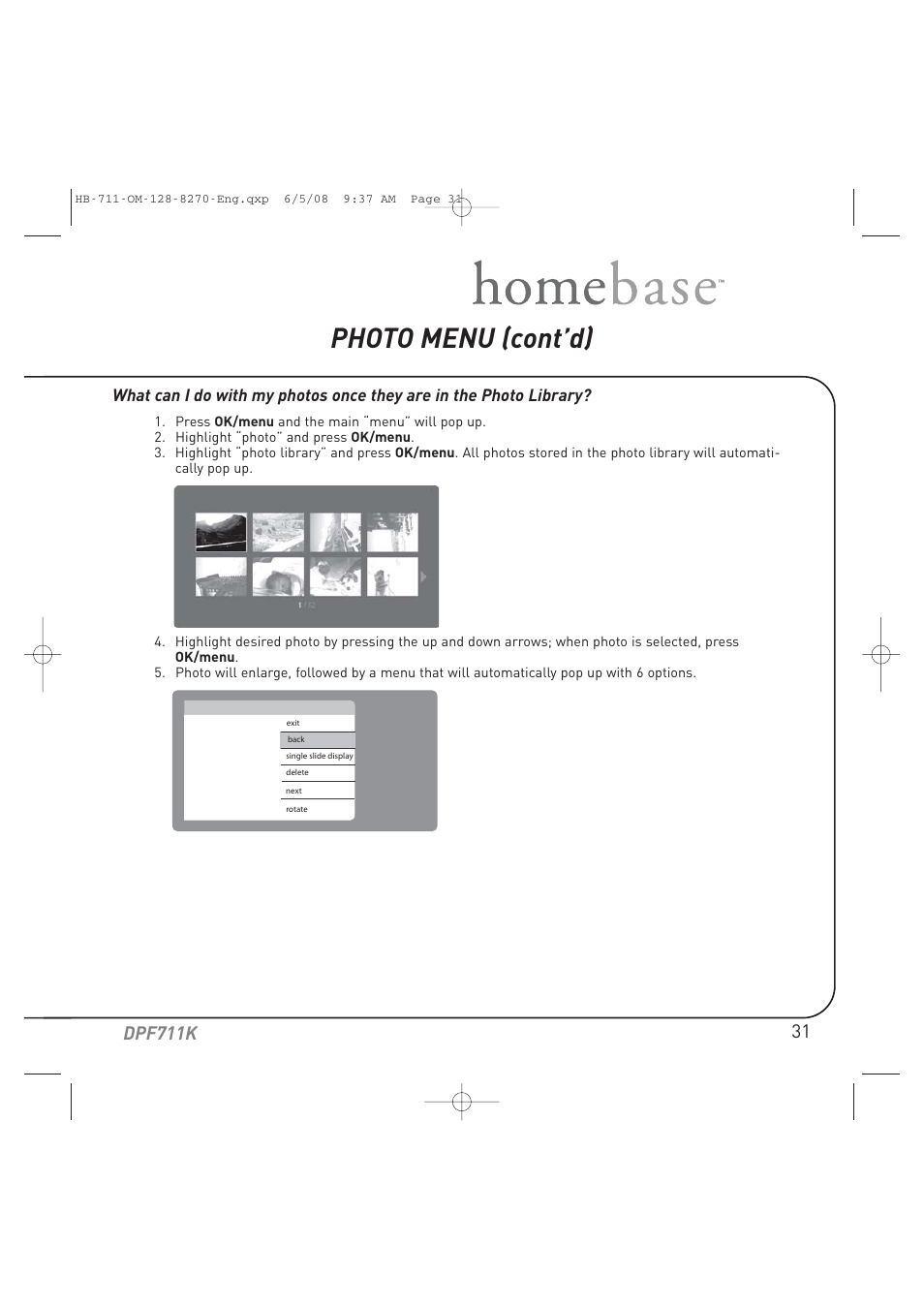 Photo menu (cont’d), Dpf711k | Audiovox HOME BASE DPF711K User Manual | Page 31 / 44