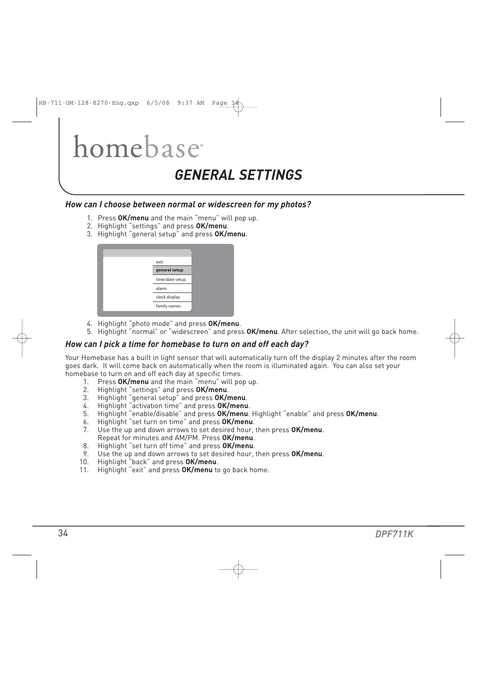 General settings, Dpf711k | Audiovox HOME BASE DPF711K User Manual | Page 34 / 44