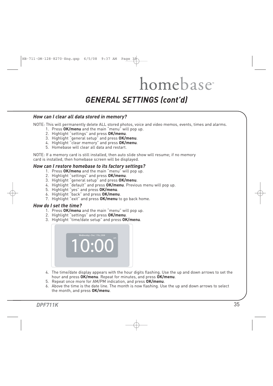 General settings (cont’d) | Audiovox HOME BASE DPF711K User Manual | Page 35 / 44