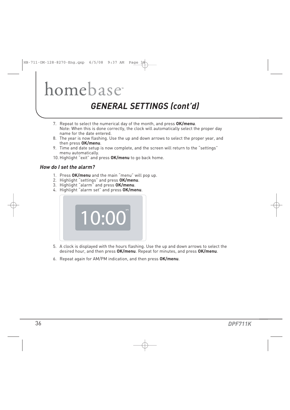 General settings (cont’d) | Audiovox HOME BASE DPF711K User Manual | Page 36 / 44